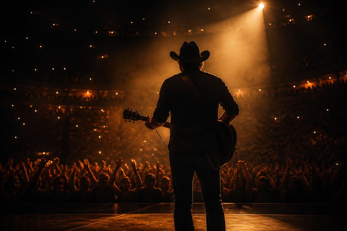 Country artist performing on a smoky arena stage